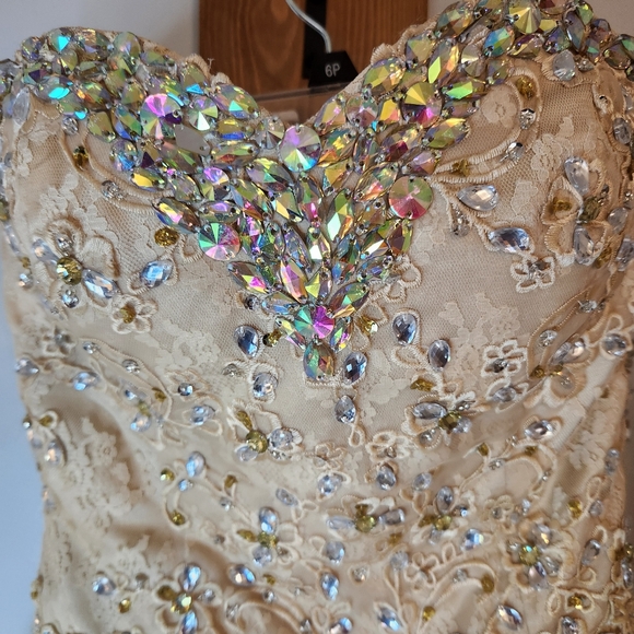 Gold Short Corset Back Jeweled Strapless Formal Dress - Picture 4 of 10